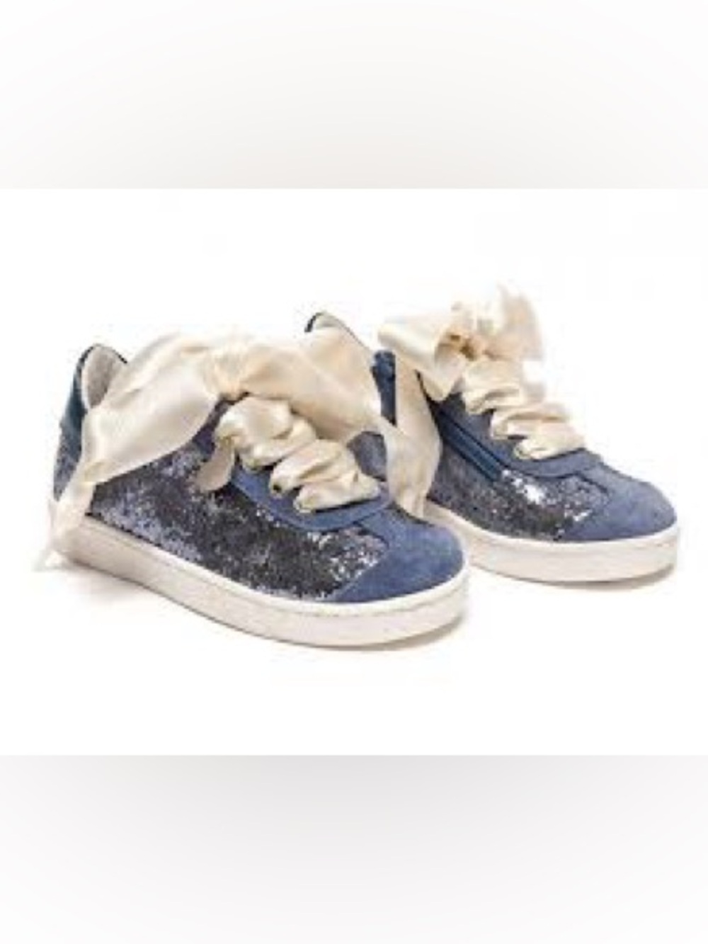 Monnalisa Girls Glitter Sequin Sneakers with Satin Ribbon Lace, Blue, 34 EU